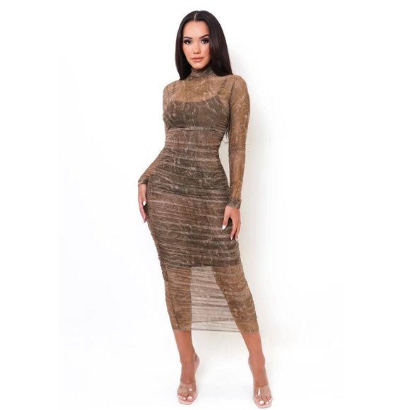 Printed Ruched Mesh Dress - Picture 1 of 3